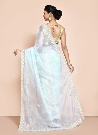Hand Work Organza Contemporary Sari In Aqua Blue