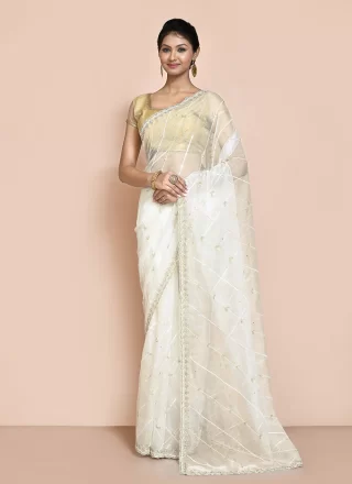 Hand Work Organza Contemporary Sari In White
