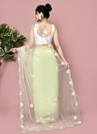 Hand Work Tissue Trendy Saree In Green