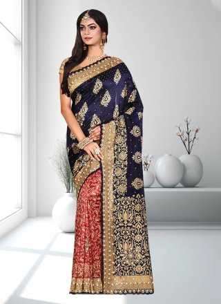 Hand Work Uppada Silk Contemporary Sari In Blue for Festival