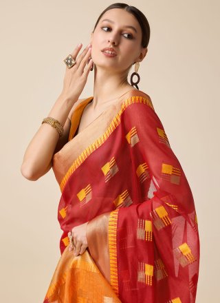 Haute Red Cotton Silk Classic Sari with Weaving Work