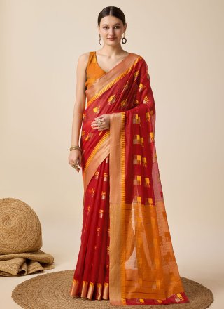 Haute Red Cotton Silk Classic Sari with Weaving Work