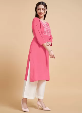 Heavenly Hot Pink Viscose Party Wear Kurti with Embroidered Work