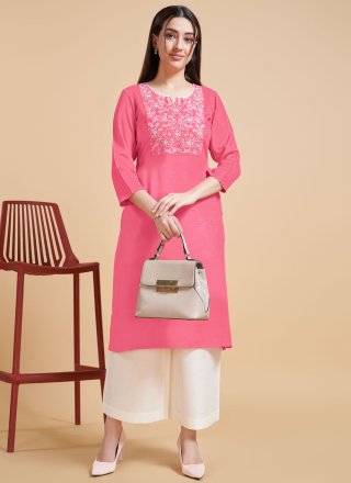 Heavenly Hot Pink Viscose Party Wear Kurti with Embroidered Work