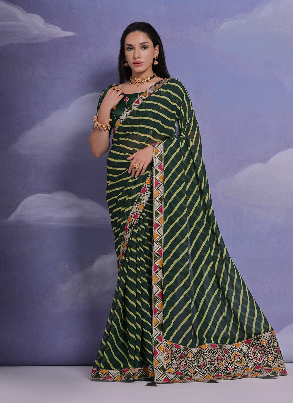 Buy Online Honourable Green Georgette Trendy Saree with Patch Border, Lace,  Print and Sequins Work : 278415 -