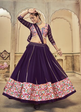 Honourable Purple Georgette A - Line Lehenga Choli with Embroidered, Mirror and Thread Work
