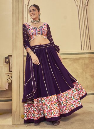 Honourable Purple Georgette A - Line Lehenga Choli with Embroidered, Mirror and Thread Work