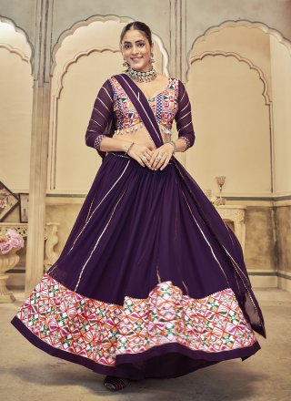 Honourable Purple Georgette A - Line Lehenga Choli with Embroidered, Mirror and Thread Work