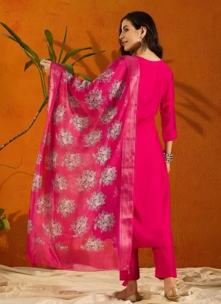 Hot Pink Chanderi Embroidered and Print Work Pant Style Suit for Casual