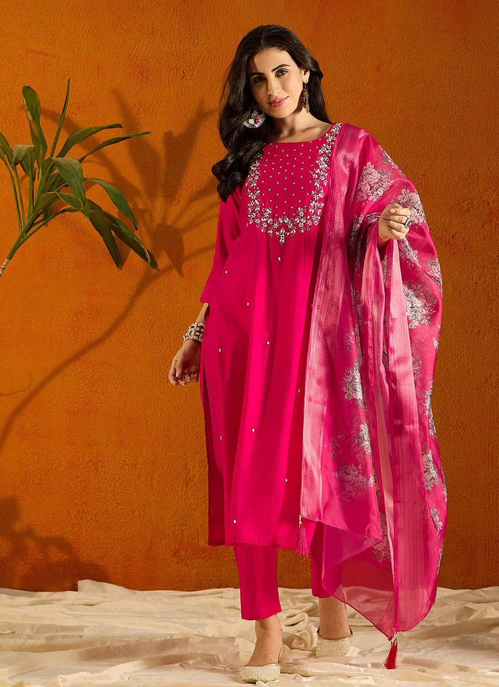 Shop Online Hot Pink Chanderi Embroidered and Print Work Pant