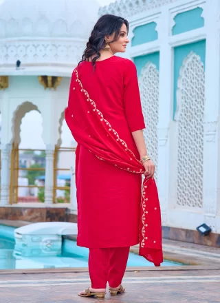 Hot Pink Chanderi Salwar Suit with Embroidered and Print Work for Casual
