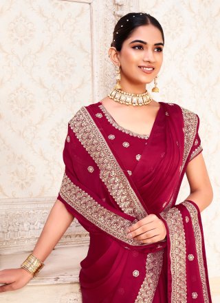 Hot Pink Chiffon Satin Zari Work Contemporary Sari