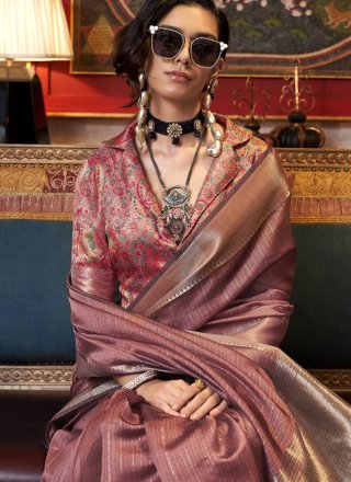 Hot Pink Chiffon Weaving Work Classic Sari for Ceremonial