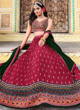 Hot Pink Chinon Digital Print and Thread Work Readymade Lehenga Choli