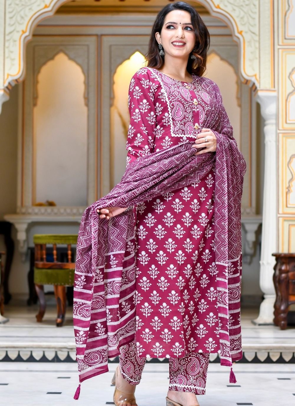 Shop Hot Pink Cotton Readymade Salwar Suit with Print Work Online : 277306  - Salwar Kameez