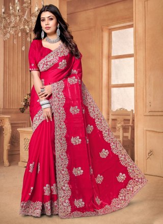Hot Pink Crepe Silk Cord, Diamond and Embroidered Work Classic Saree for Party