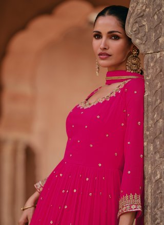 Hot Pink Embroidered and Sequins Work Georgette  Designer Gown