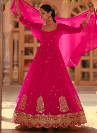 Hot Pink Embroidered and Sequins Work Georgette  Designer Gown