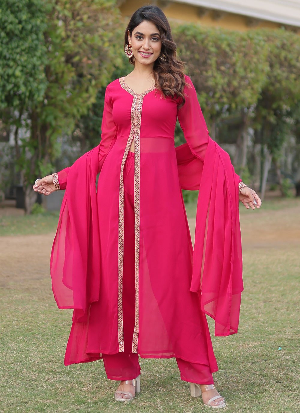 Hot Pink Faux Georgette Salwar Suit with Embroidered Work for Women