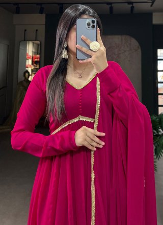 Hot Pink Georgette Lace Work  Designer Gown for Ceremonial