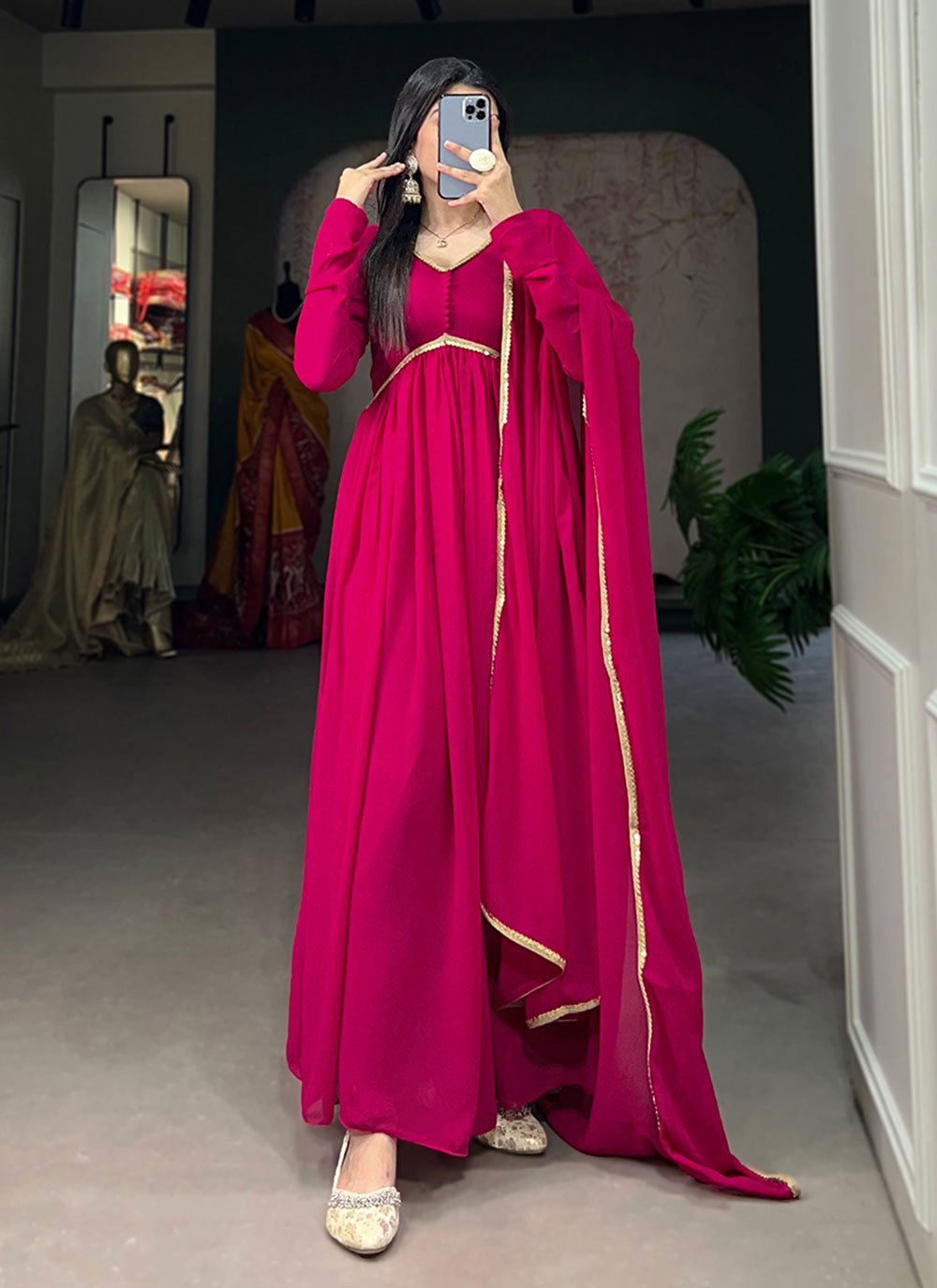 Buy Hot Pink Georgette Lace Work Designer Gown for Ceremonial : 277893