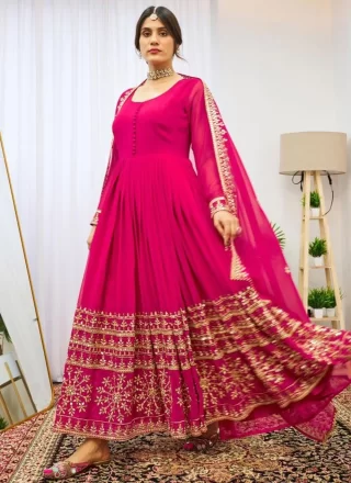 Hot Pink Georgette Sequins and Zari Work  Designer Gown for Festival
