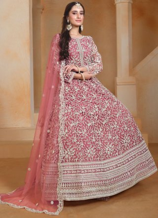 Hot Pink Net Embroidered Work  Designer Gown for Women