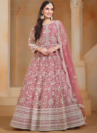 Hot Pink Net Embroidered Work  Designer Gown for Women