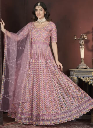 Hot Pink Net Gown with Embroidered, Fancy, Mirror and Thread Work