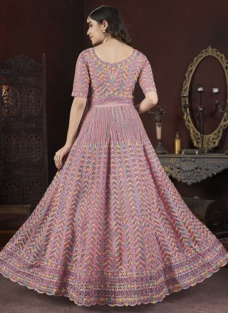 Hot Pink Net Gown with Embroidered, Fancy, Mirror and Thread Work