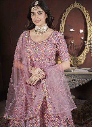 Hot Pink Net Gown with Embroidered, Fancy, Mirror and Thread Work