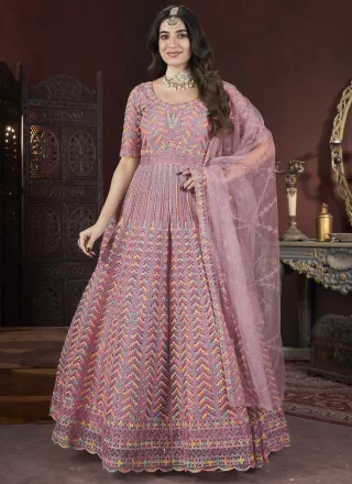 Hot Pink Net Gown with Embroidered, Fancy, Mirror and Thread Work