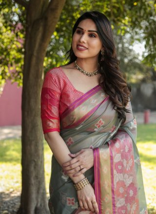Hot Pink Organza Weaving Work Designer Sari for Mehndi