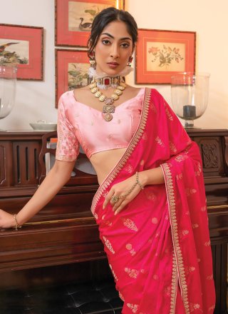 Hot Pink Satin Embroidered Work Classic Saree for Party