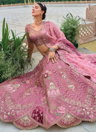 Hot Pink Silk Embroidered, Sequins, Stone and Thread Work Lehenga Choli