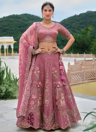 Hot Pink Silk Embroidered, Sequins, Stone and Thread Work Lehenga Choli