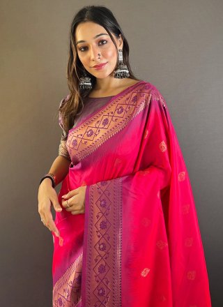 Hot Pink Silk Weaving Work Contemporary Saree