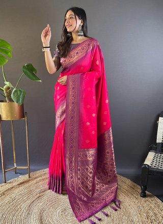 Hot Pink Silk Weaving Work Contemporary Saree