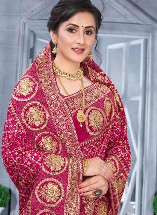 Hot Pink Vichitra Silk Embroidered and Zari Work Designer Sari