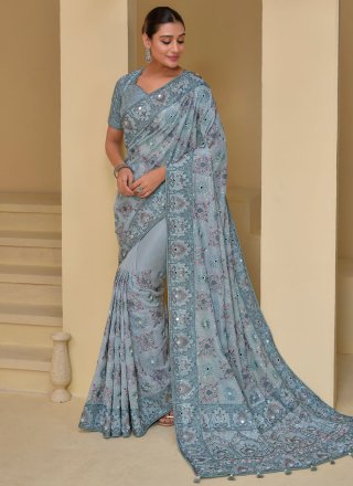 Hypnotic Grey Banarasi Silk Designer Saree with Embroidered and Mirror Work