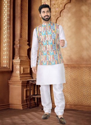 Hypnotic Multi Colour and White Cotton Kurta Payjama with Jacket