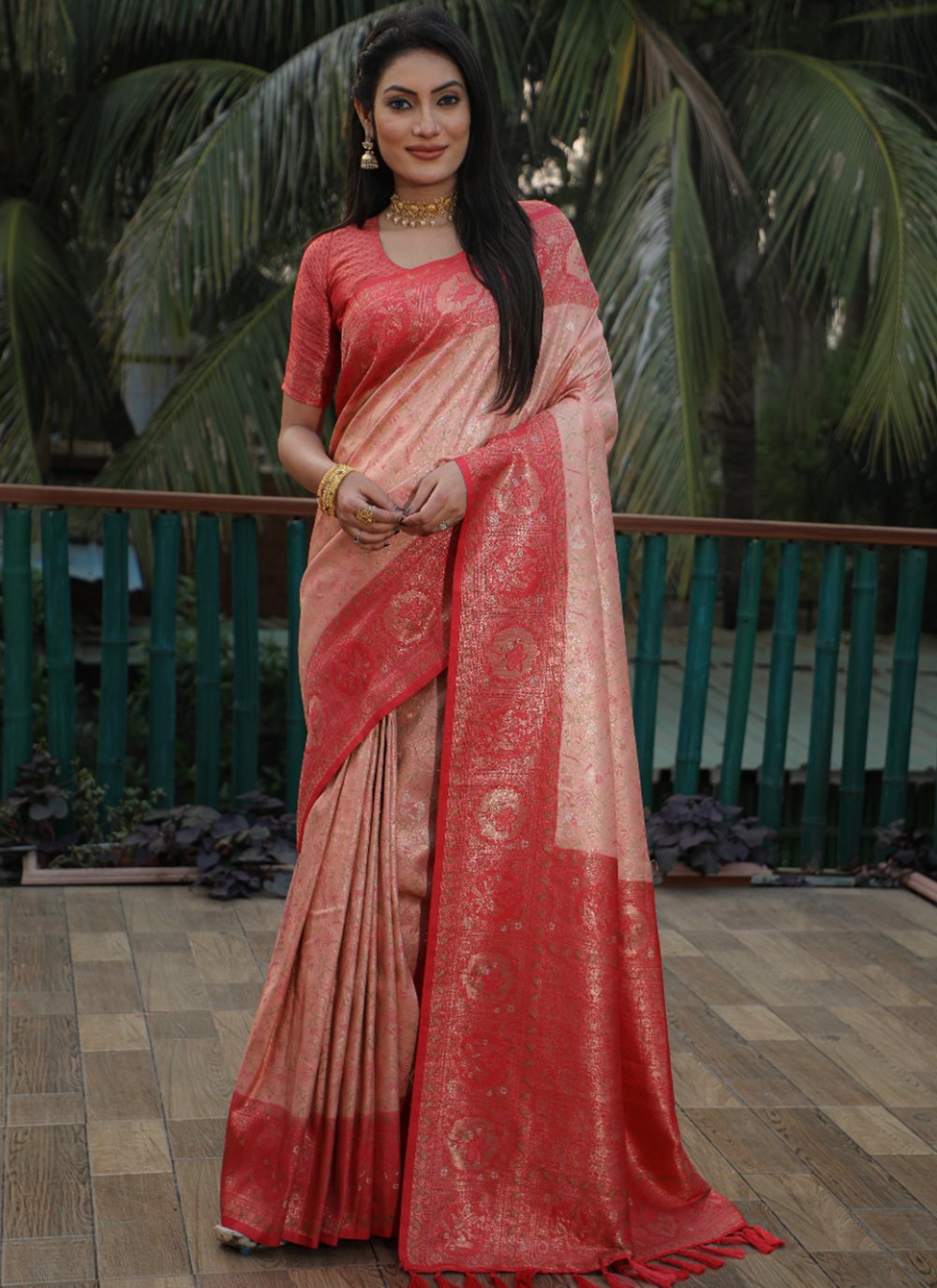 Hypnotic Peach Kanjivaram Silk Classic Saree with Woven Work