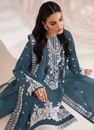Hypnotic Teal Faux Georgette Salwar Suit with Embroidered Work