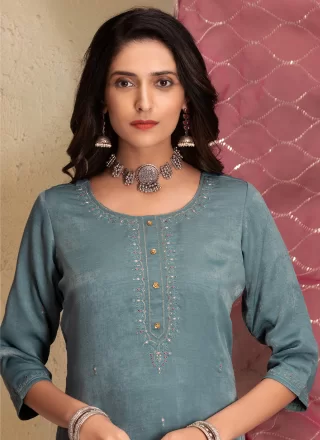Ideal Grey Silk Trendy Suit with Embroidered Work