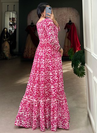 Immaculate Pink Georgette Designer Gown with Print Work