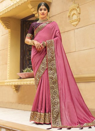 Immaculate Pink Vichitra Silk Classic Sari with Embroidered Work