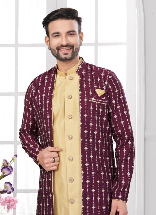 Impeccable Gold and Wine Imported Sherwani Mens Wear