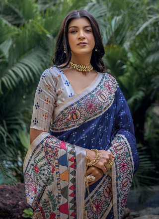 Imperial Blue Tussar Silk Casual Saree with Print Work