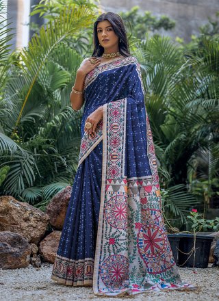 Imperial Blue Tussar Silk Casual Saree with Print Work