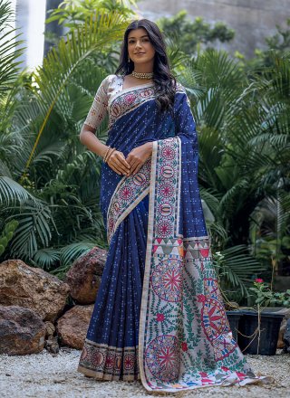 Imperial Blue Tussar Silk Casual Saree with Print Work
